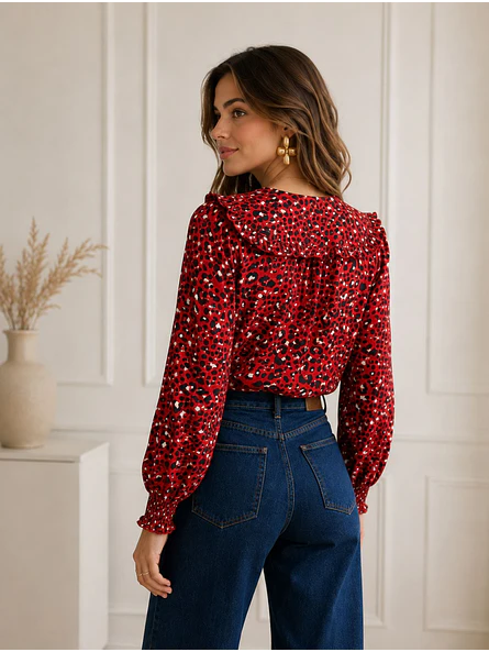 Blusa Animal Print Roja Mujer Manga Larga Cuello Vuelos 3