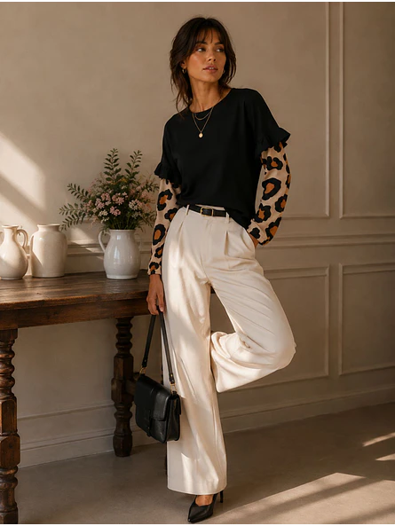 Polera Negra Mujer con Mangas Animal Print Vuelos 1