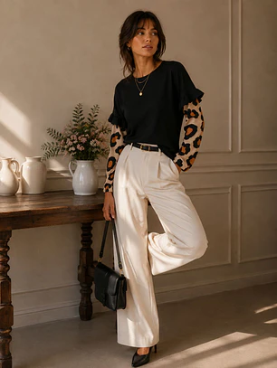 Polera Negra Mujer con Mangas Animal Print Vuelos