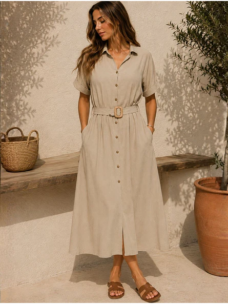 Vestido Midi Mujer Beige con Cinturón 2