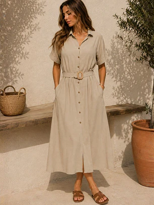 Vestido Midi Mujer Beige con Cinturón