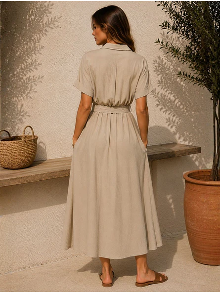Vestido Midi Mujer Beige con Cinturón 4
