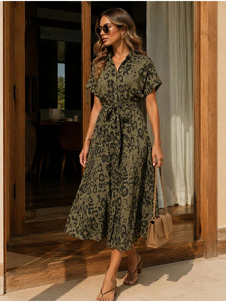 Vestido Camisero Animal Print Verde Mujer 5