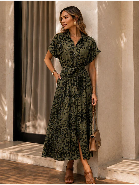Vestido Camisero Animal Print Verde Mujer 6