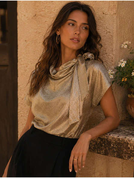 Blusa Metalizada Dorada con Lazo Mujer 1