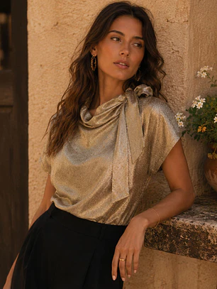 Blusa Metalizada Dorada con Lazo Mujer