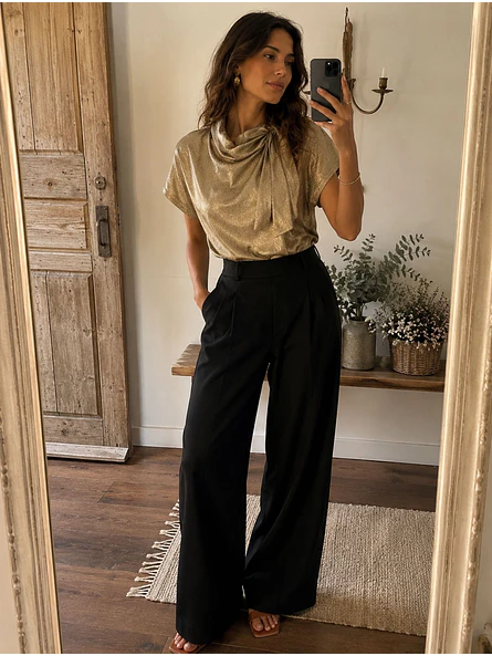 Blusa Metalizada Dorada con Lazo Mujer 4