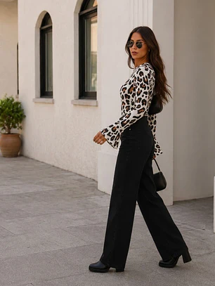 Polera Animal Print Blanco Mujer Manga Larga Acampanada