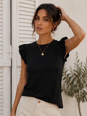 Polera Básica Mujer Negra de Rib con vuelos