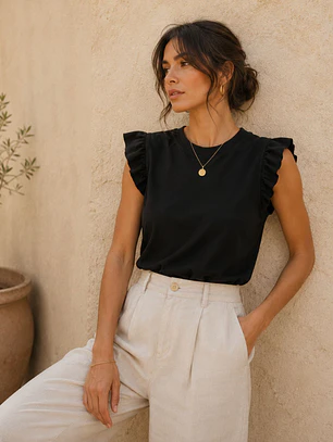 Polera Básica Mujer Negra de Rib con vuelos