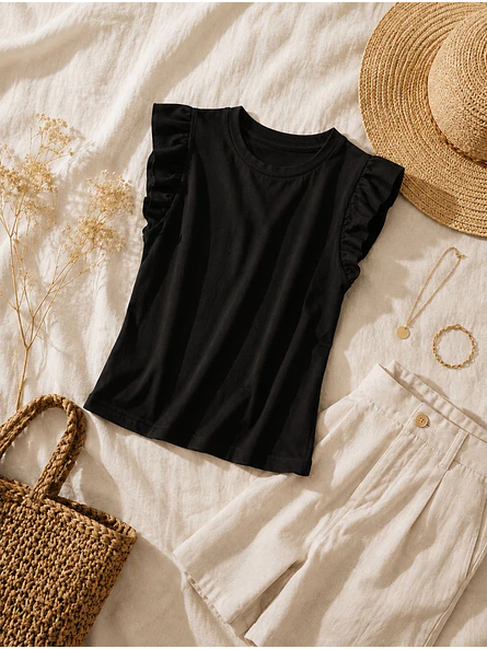 Polera Básica Mujer Negra de Rib con vuelos 6