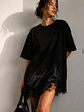 Polera Oversize Negra Asimétrica Con Encaje Manga Corta Mujer - Miniatura 3
