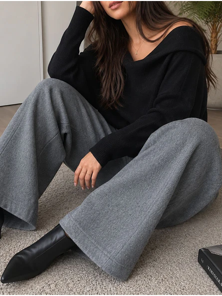 Pantalón Palazzo Gris Forrado Térmico Mujer 5