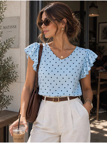 Blusa Lunares Escote V Vuelos Mujer 1