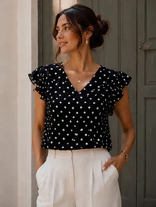 Blusa Lunares Escote V Vuelos Mujer