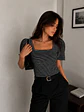 Polera Rayas Negra Escote Cuadrado Manga Abullonada Mujer - Miniatura 3