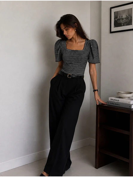 Polera Rayas Negra Escote Cuadrado Manga Abullonada Mujer 4
