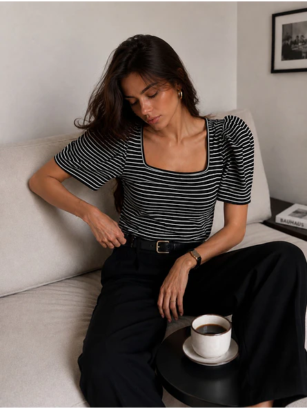 Polera Rayas Negra Escote Cuadrado Manga Abullonada Mujer 2
