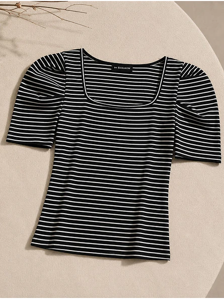 Polera Rayas Negra Escote Cuadrado Manga Abullonada Mujer 7