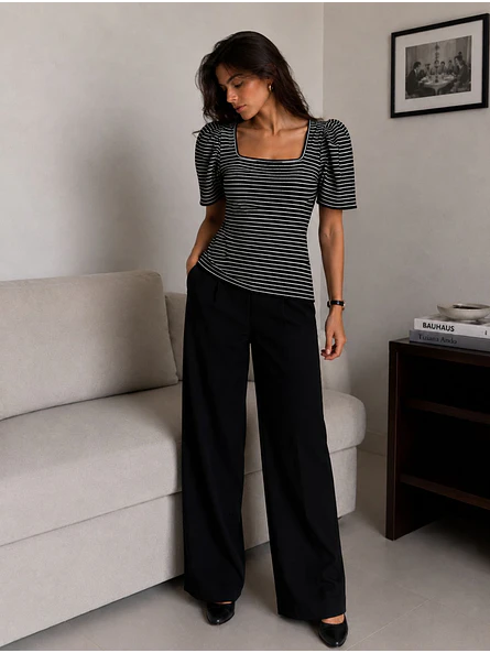 Polera Rayas Negra Escote Cuadrado Manga Abullonada Mujer 8