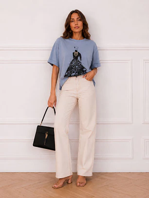 Polera Oversize Estampado Silueta con Perlas Mujer