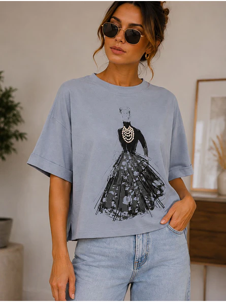 Polera Oversize Estampado Silueta con Perlas Mujer 12