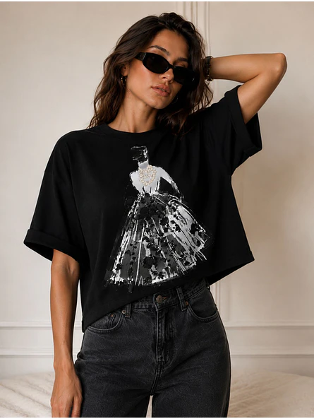 Polera Oversize Estampado Silueta con Perlas Mujer 6
