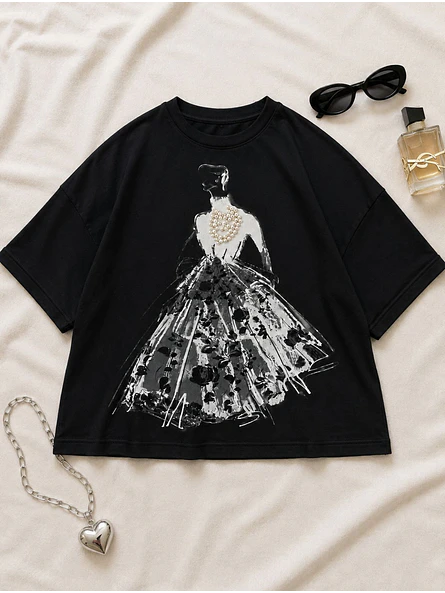 Polera Oversize Estampado Silueta con Perlas Mujer 17