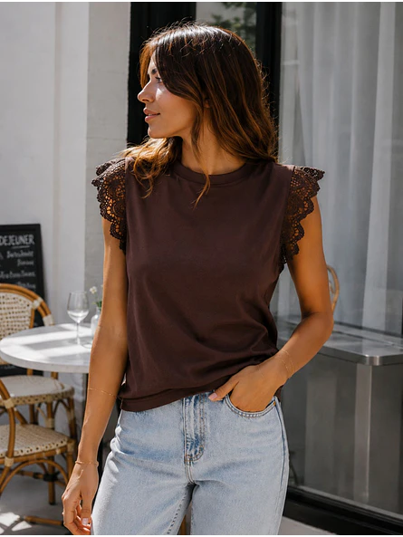 Polera Básica Algodón Manga Encaje Cuello Redondo Mujer 7