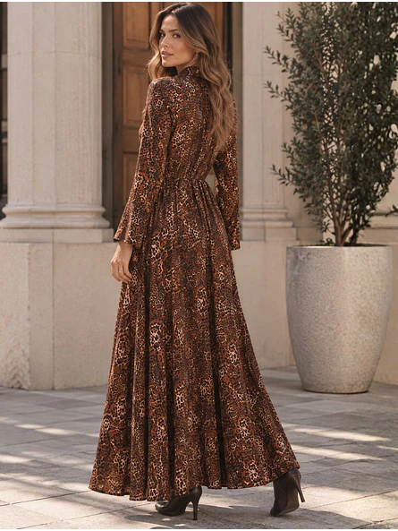 Vestido Animal Print Café Camisero Largo Mujer 3