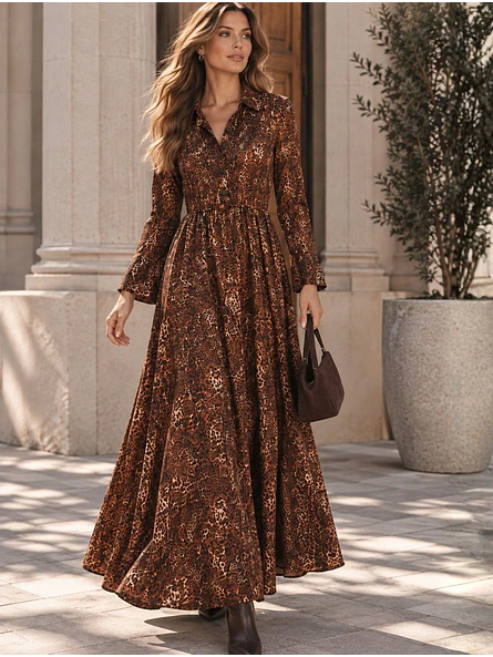 Vestido Animal Print Café Camisero Largo Mujer 1