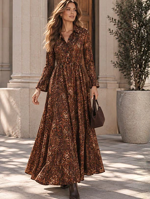 Vestido Animal Print Café Camisero Largo Mujer