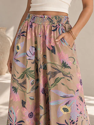 Pantalón Palazzo Mujer Beige con Flores Pastel Tiro Alto