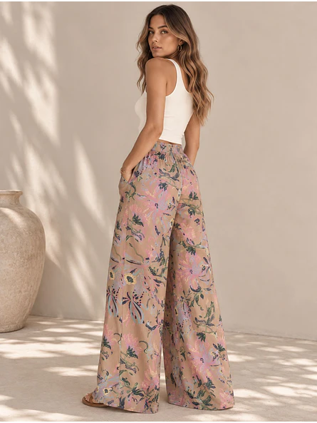 Pantalón Palazzo Mujer Beige con Flores Pastel Tiro Alto 3