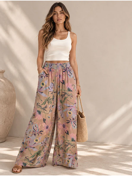 Pantalón Palazzo Mujer Beige con Flores Pastel Tiro Alto 4