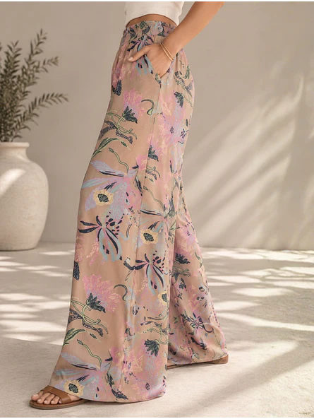 Pantalón Palazzo Mujer Beige con Flores Pastel Tiro Alto 5