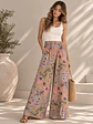 Pantalón Palazzo Mujer Beige con Flores Pastel Tiro Alto - Miniatura 6