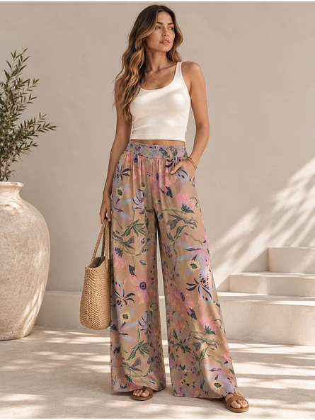 Pantalón Palazzo Mujer Beige con Flores Pastel Tiro Alto 7