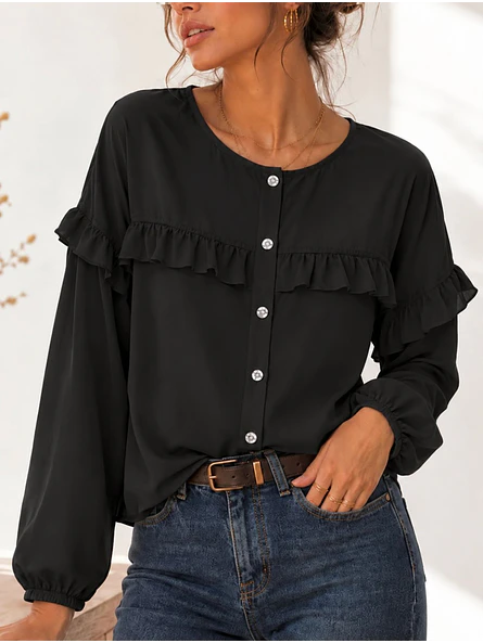 Blusa Negra Mujer con Vuelos de Gasa Elegante 1