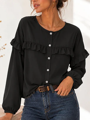 Blusa Negra Mujer con Vuelos de Gasa Elegante