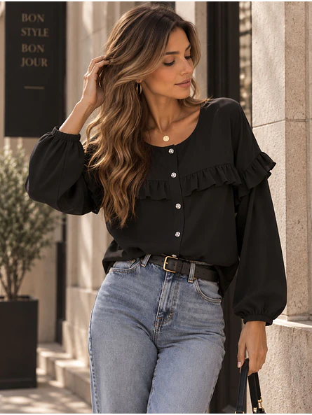 Blusa Negra Mujer con Vuelos de Gasa Elegante 3