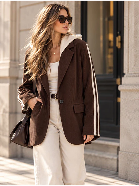  Chaqueta Blazer Cotelé Café con Capucha Desmontable 4