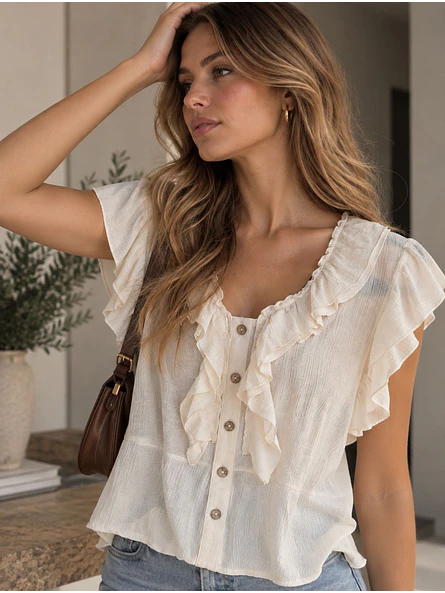 Blusa Bambula Crema Mujer con Vuelos Estilo Boho 6