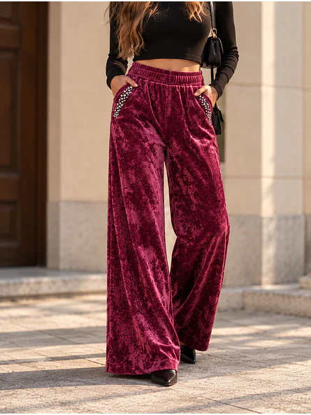 Pantalón Palazzo Terciopelo con Brillos Mujer  12