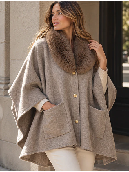 Abrigo Poncho de Lanilla con Cuello de Pelo 1
