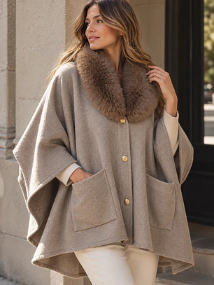 Abrigo Poncho de Lanilla con Cuello de Pelo