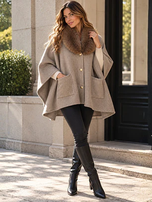Abrigo Poncho de Lanilla con Cuello de Pelo