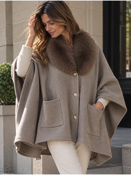 Abrigo Poncho de Lanilla con Cuello de Pelo 4