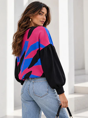 Polera Oversize Mujer Estampado Abstracto Mangas Globo