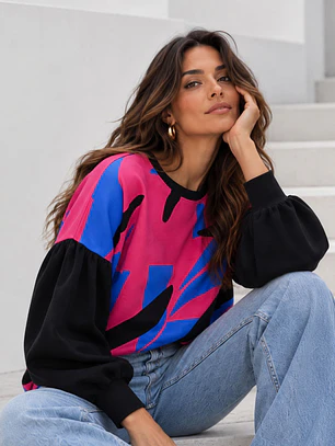Polera Oversize Mujer Estampado Abstracto Mangas Globo